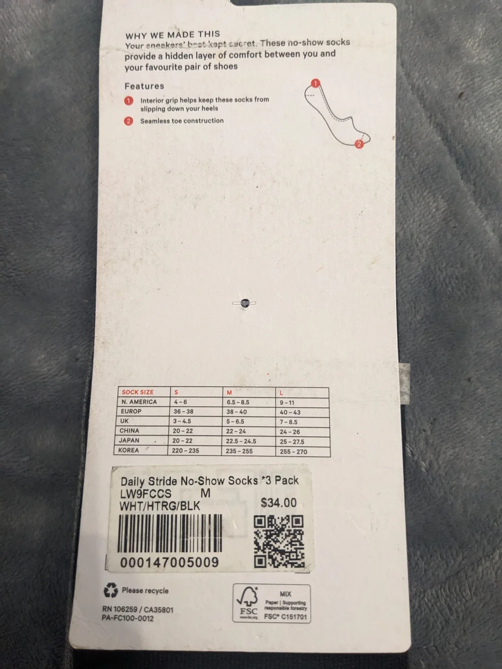 NWT lululemon Daily Stride No-Show Sock 3-Pack - White, Gray, Black | Size Med-R